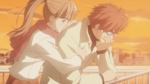 a man and a woman are hugging each other in a cartoon