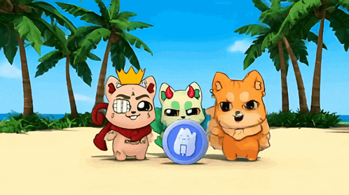 three cartoon animals are standing on a beach with a coin in the middle