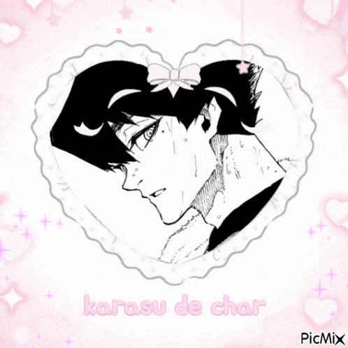 a black and white drawing of a boy with the words karasu de char written below it