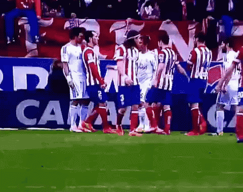 a group of soccer players standing on a field with a banner in the background that says canal +