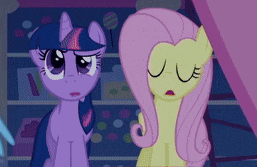 twilight sparkle and fluttershy from my little pony are standing next to each other with their eyes closed