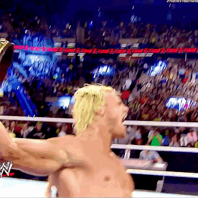 a man in a wrestling ring with a wwe logo on the bottom right