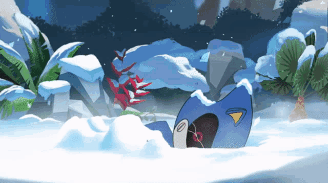 a cartoon penguin is laying in the snow