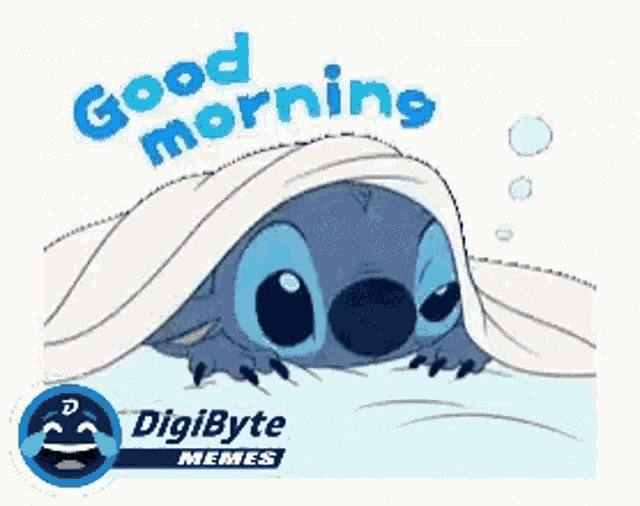 a cartoon of stitch laying under a blanket with the words " good morni " on the bottom