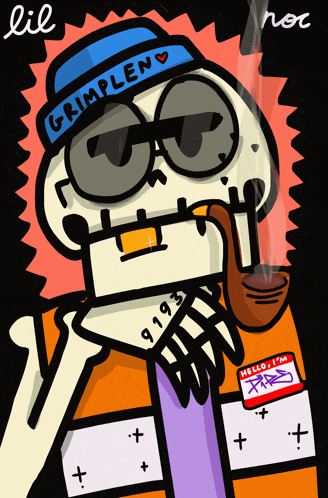 a cartoon of a skeleton wearing sunglasses and a hat that says grimpleny
