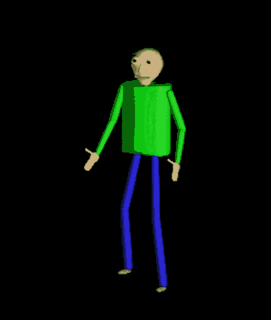 a cartoon character with a green shirt and blue pants is standing on a black background