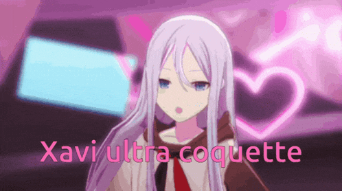 a purple haired anime girl with the words " xavi ultra coquette " above her