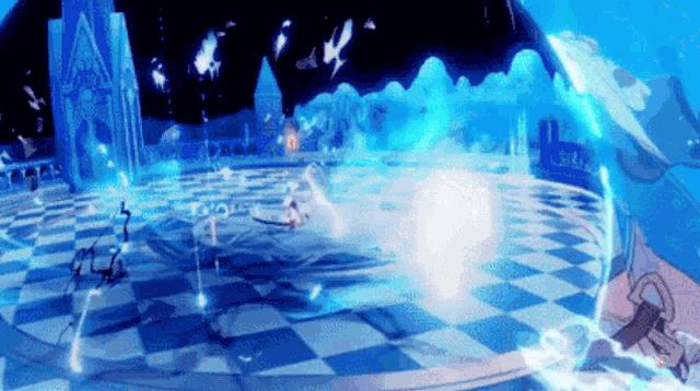 a person is standing in a circle with a blue light coming out of it .
