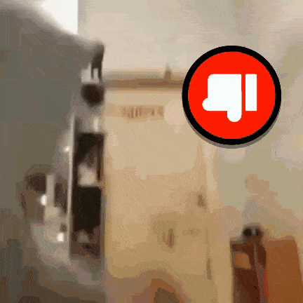 a blurred image of a building with a red circle with a thumbs down symbol on it