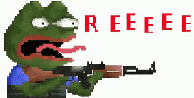 a pixel art of a frog holding a gun with the word reeeee in red letters .