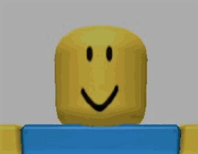 a close up of a yellow roblox character with a smiley face and a blue shirt .