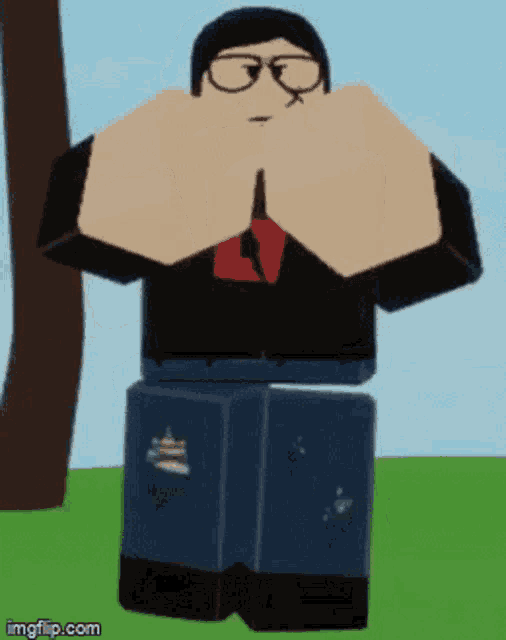 a cartoon character with glasses and ripped jeans is standing in a field