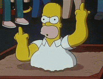 homer simpson is giving the middle finger in a tray of dirt