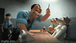 a police officer is talking to a dog in a police station .