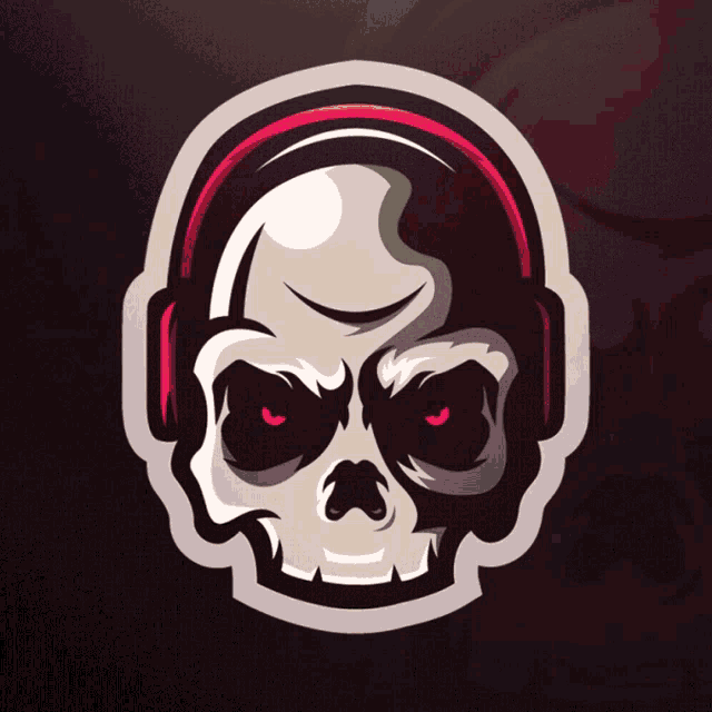 a skull with red eyes wearing headphones on a dark background