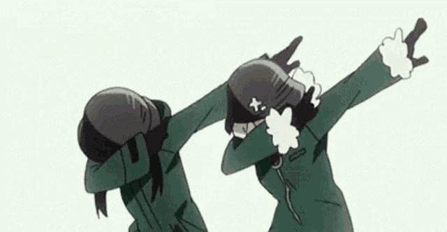 a couple of anime characters are doing a dab .