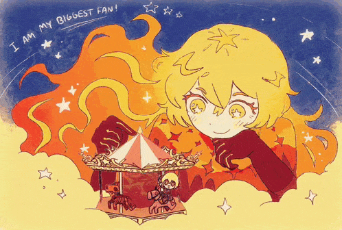 a drawing of a girl holding a merry go round with the words " i am my biggest fan "