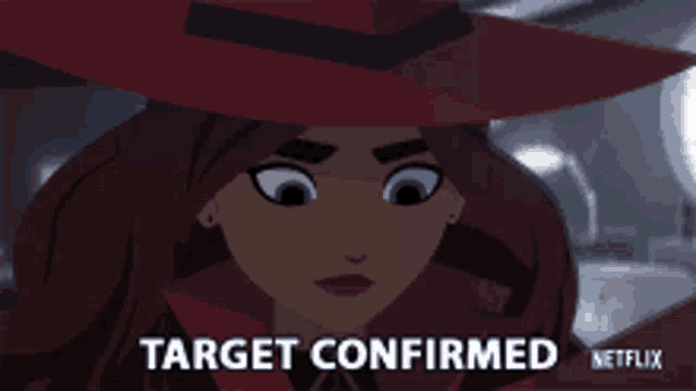 a cartoon character with a red hat and the words target confirmed on the bottom