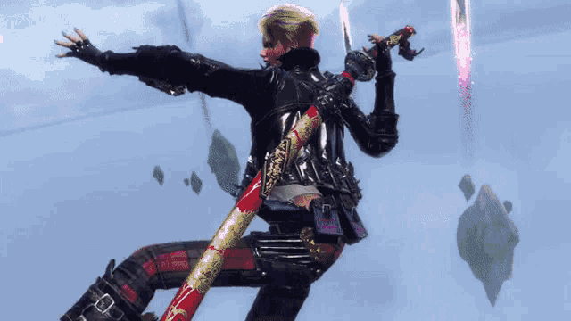 a man in a video game is holding two swords in his hands