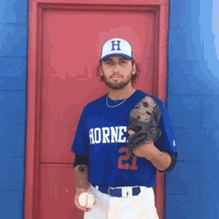 a baseball player wearing a blue jersey that says horne