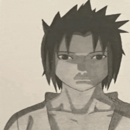 a black and white drawing of a young boy with spiky hair