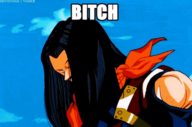 a cartoon of a man with long hair and the word bitch on the bottom
