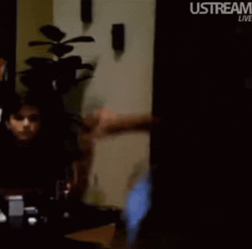 a blurry picture of a person sitting at a table in a dark room with a plant in the background .