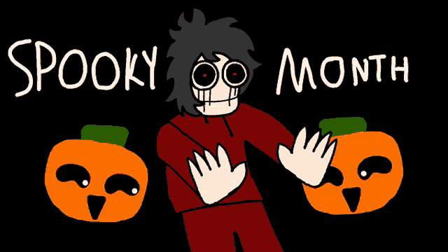 a spooky month poster with two pumpkins and a boy