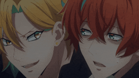 two anime characters with red hair and green eyes are looking at each other