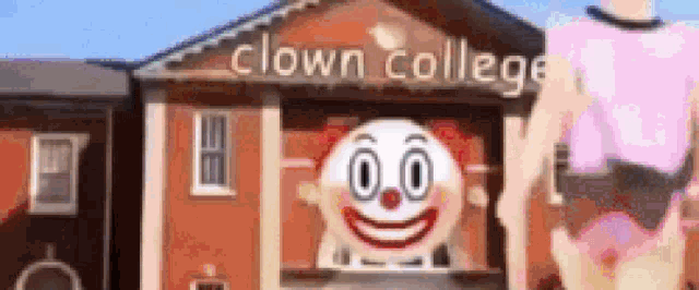 a clown is standing in front of a brick building with the words clown college written on it .