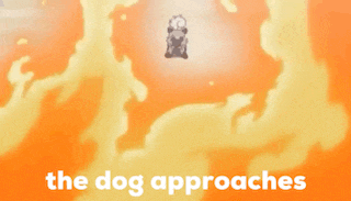 a picture of a dog with the words " the dog approaches " on the bottom