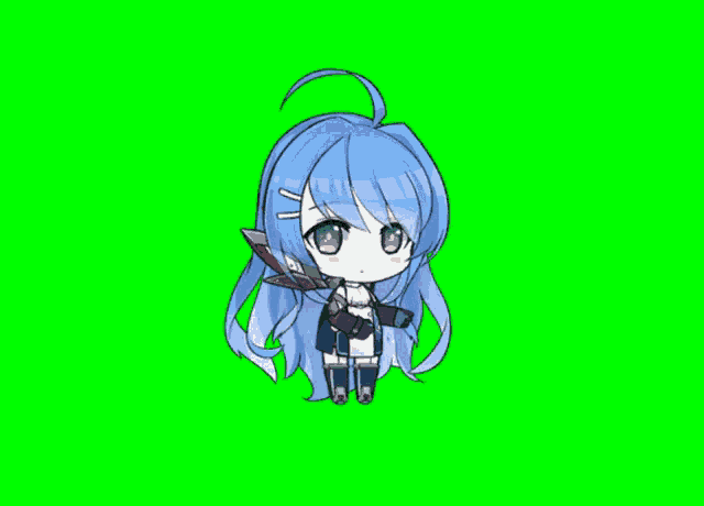 a girl with blue hair and a scarf on a green screen