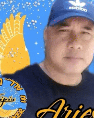 a man wearing a blue hat and a black shirt with the word aries on it