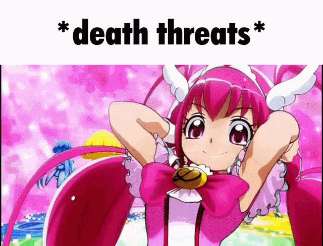 a picture of a pink anime girl with the words " death threats " on the bottom