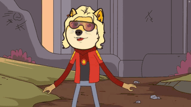 a cartoon dog wearing sunglasses and a red jacket says " this is "