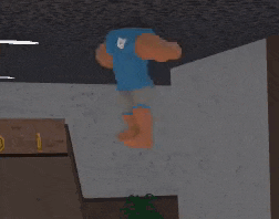 a cartoon character in a blue shirt and orange boots is standing on a wall .