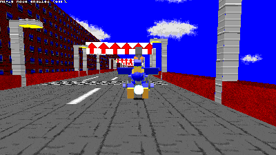 a video game screen shows a robot riding a bike