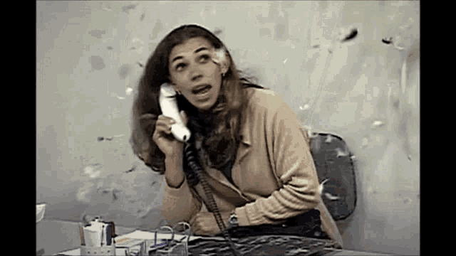 a woman sitting at a desk talking on a phone
