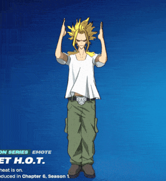 a man in a white shirt and green pants stands in front of a blue background that says " emote " on it