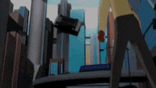 a cartoon of a man standing in front of a city with buildings in the background .