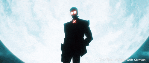 a silhouette of a man standing in front of a full moon