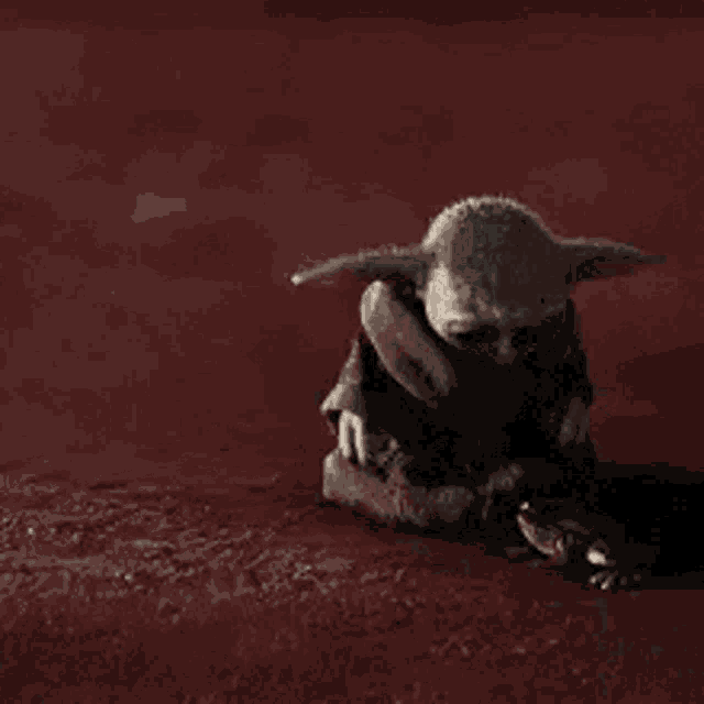 a baby yoda is standing next to a small frog on a red surface .