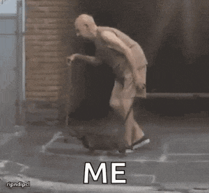 a man with a cane walking a dog with the word me written on the ground