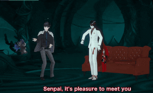 a video game character with horns and wings says " senpai it 's pleasure to meet you "