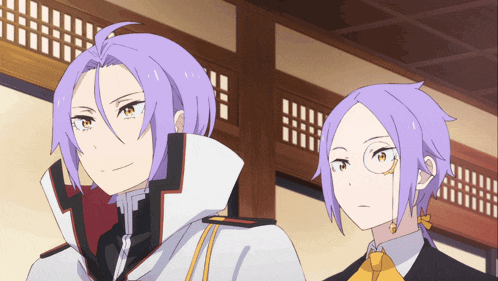 a couple of anime characters with purple hair and yellow eyes
