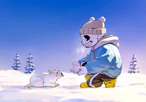 a cartoon of a skeleton kneeling down next to a cat in the snow