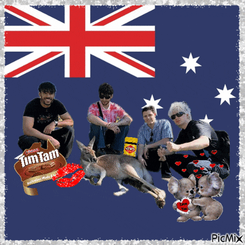 a picture of a group of people with a kangaroo and a sign that says tim tam on it