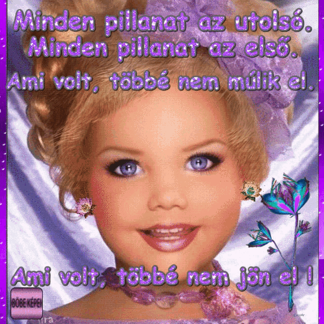 a picture of a little girl in a purple dress with a message in a foreign language