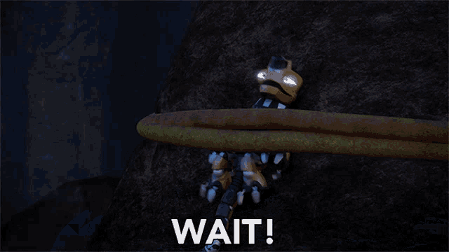 a cartoon character says wait while standing in a cave