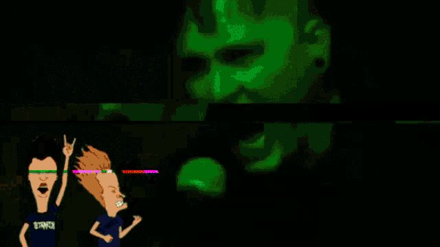 two beavis and butthead cartoon characters standing in front of a green and pink stripe